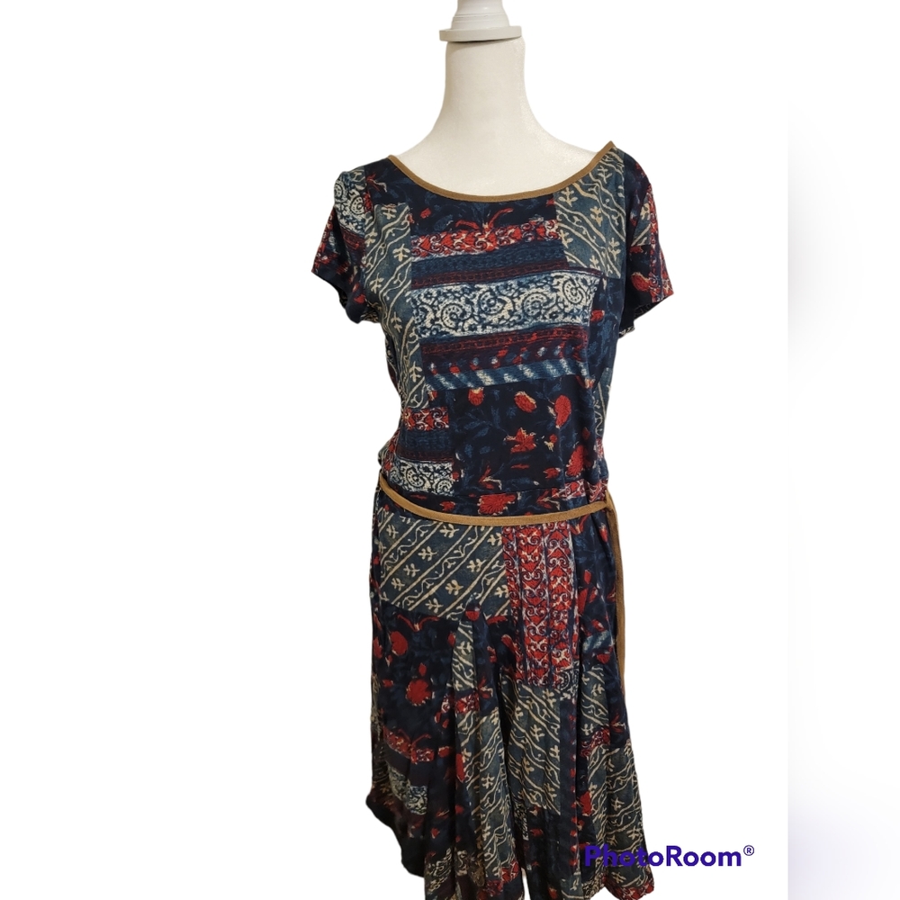 RALPH LAUREN Patchwork Cotton Knit Faux Suede Trim Belted Dress womens l…